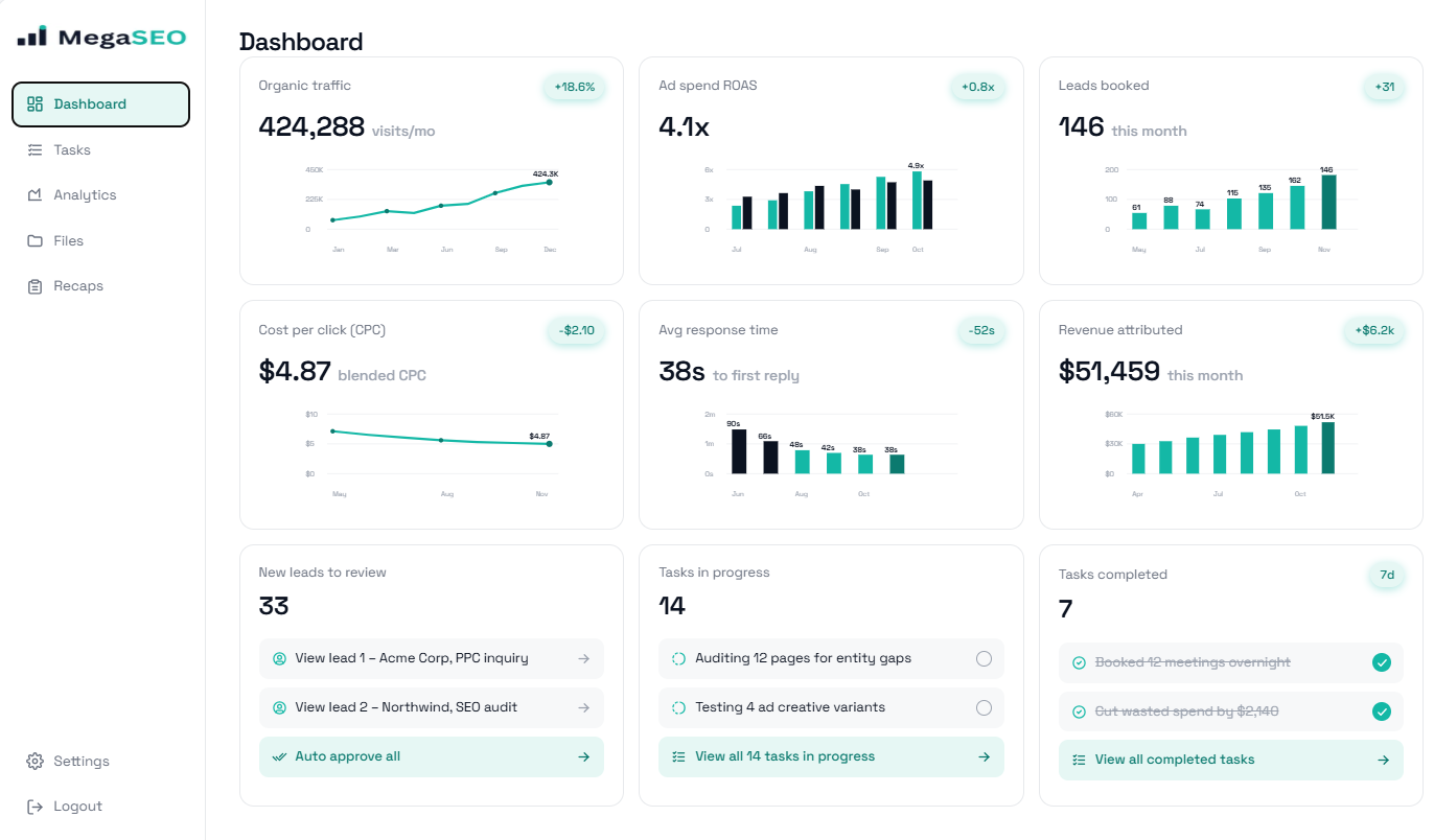 Mega SEO platform dashboard
